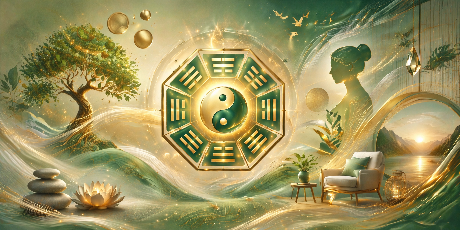 Bagua dourado em paisagem verde — energia, equilíbrio e transformação